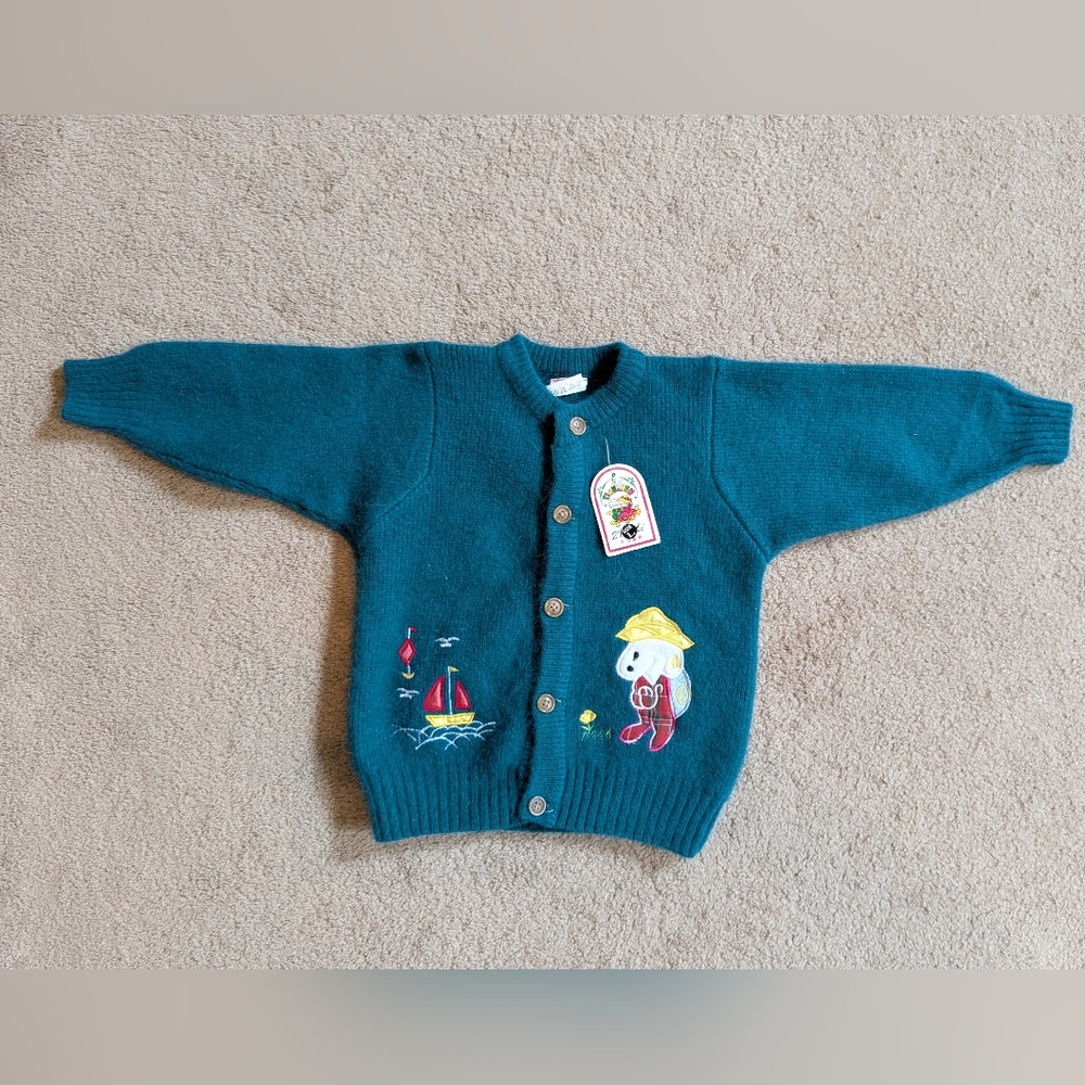 Vintage Unisex Toddler Wool Cardigan Sailboat Sweater Turquoise Green-blue L(2T)